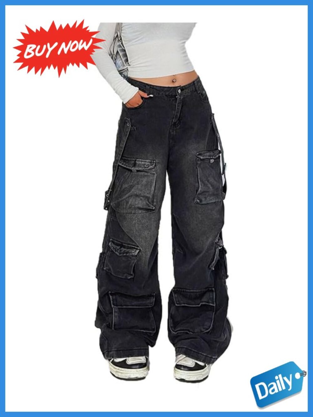 Cargo Jeans Low Rise Baggy Wide Leg Cotton Blend Utility Pockets